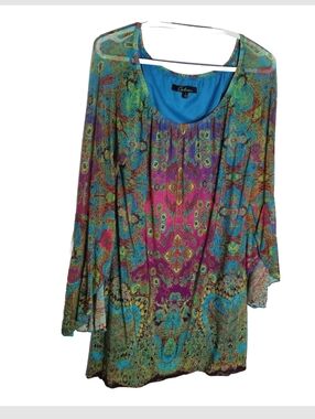 Calessa Top Women's Large Floral Paisley Long Bell Sleeve Gold Sparkle Lined